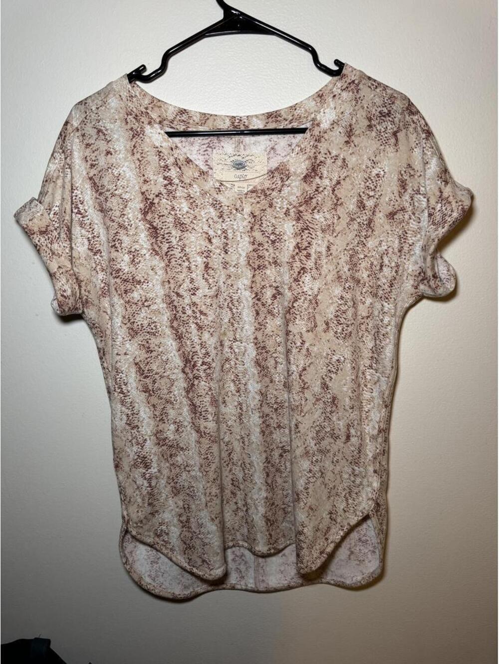 Cupio Cream Brown Stripes Rolled Cuff Tee Shirt Size S PTP 22 GC